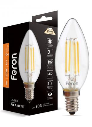 Світлодіодна лампа Feron LB-158 6W 2700K E14 свічка філамент