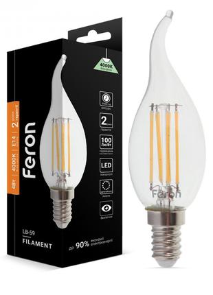 Светодиодная лампа Feron LB-59 4W E14 4000K филамент свеча на ...