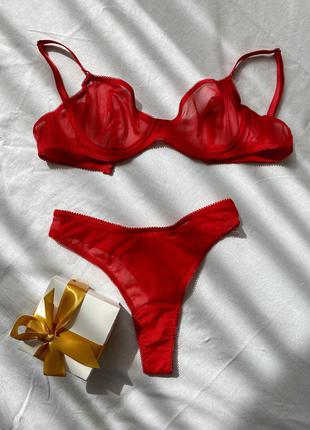 Комплект жіночої білизни з сіточки червоного кольору