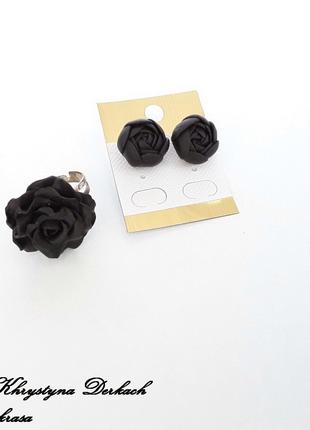 Набор комплект Цветок серьги и кольцо цветы черные черный цвет...