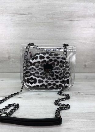 Силиконовый прозрачный клатч сумочка на цепочке кроссбоди леопард