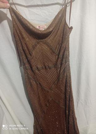 Платье нарядное коричневое шелк шифон вышивка бисер пайетками