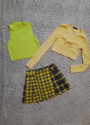 Интересный комплект в желто зеленых тонах, юбка, топ и кофточка