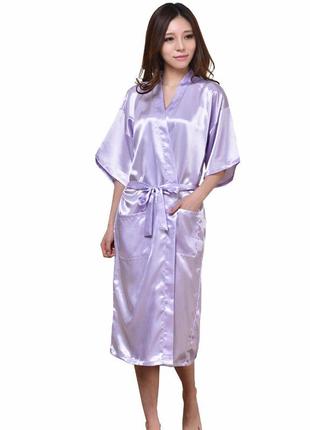 Женский атласный длинный сиреневый халат кимоно пеньюар/легкий...