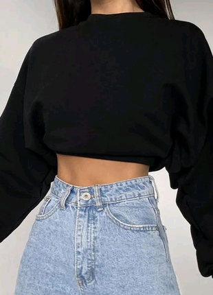 Короткий женский свитшот на флисе черный M/L