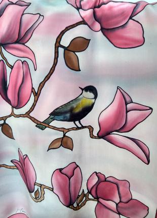 Шелковый платок палантин батик "птичка с магнолией", от Marinne