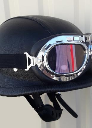 Шлем-каска немецкая кожа PU черная с очкам