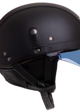 Шлем-каска ретро кожа PU с очками черная размер S, M, L