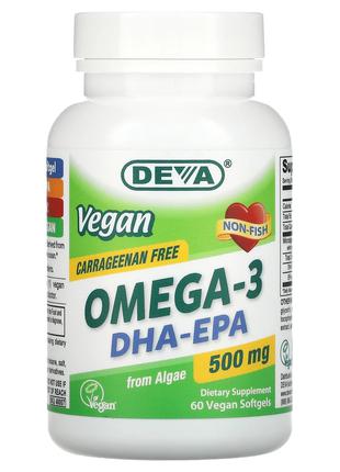 Deva, Веганские омега-3 DHA-EPA, 500 мг, 60 веганских мягких т...