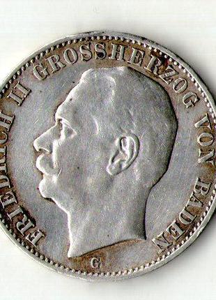Германская империя БАДЕН 3 марки 1912 год Фридрих II серебро №576