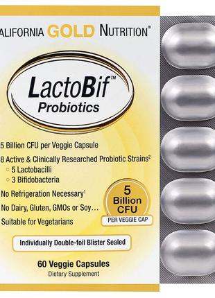 California Gold , LactoBif, пробиотики, 5 млрд КОЕ, 60шт