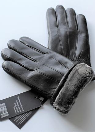 Мужские кожаные перчатки зимние, на меху, черные