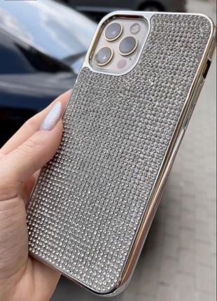 Серебряный силиконовый чехол для Iphone 12/12pro с камнями Сва...