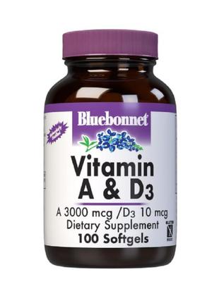 Витамин А и D3 10 000 IU/400 IU, Bluebonnet Nutrition, 100 жел...