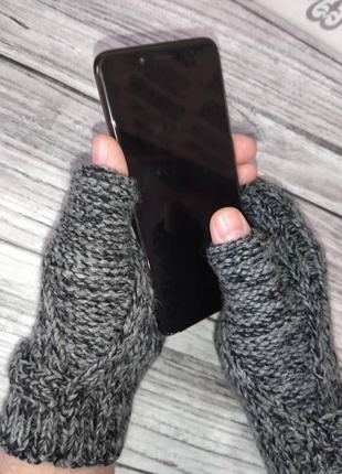 Шерстяные мужские митенки - вязаные перчатки для мужчин (серый)