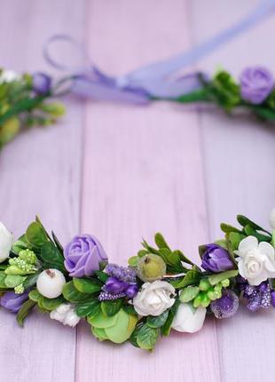 Венок веночек с цветами бело-салатово-фиолетовый