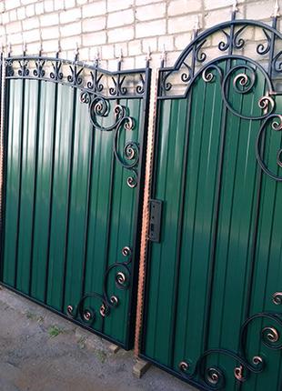 Ворота из профлиста, распашные кованые ворота