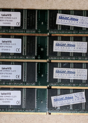 4 одинаковые планки оперативной памяти DIMM DDR400 TakeMS 512Mb
