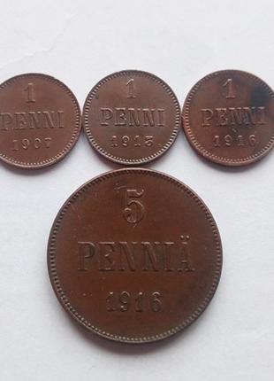 Монеты медные Российской Империи, пенни для Финляндии.
