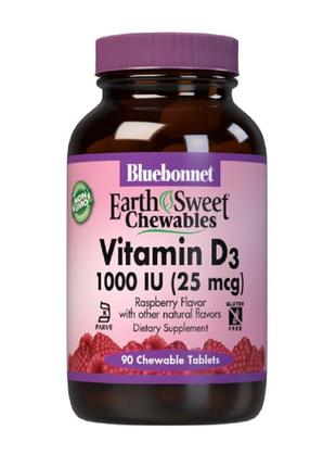 Витамин D3 1000IU, Вкус Малины, Earth Sweet Chewables, Bluebon...