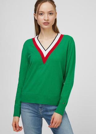 Tommy hilfiger жіночий зелений пуловер global stripe v-nk swt ls