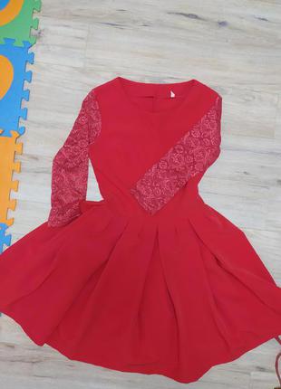 Красное коктейль платье гипюр рукав юбка солнце