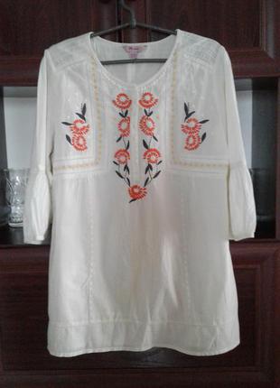 Хлопковая кремовая вышиванка блузка с акцентным рукавом monsoo...