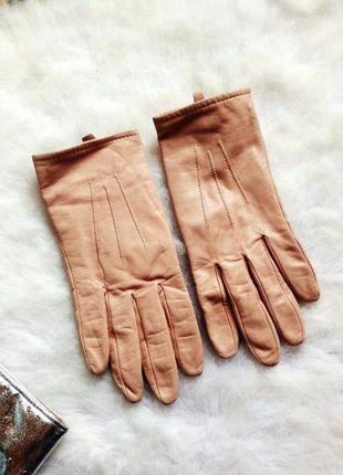 Персиковые бежевые кожаные натуральные перчатки рукавички зимн...