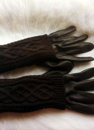 Черные натуральные кожаные перчатки вязаные высокие по локоть ...