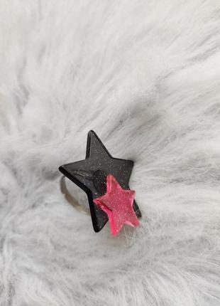 Черное розовое большое кольцо двойная блестящая звезда звездоч...