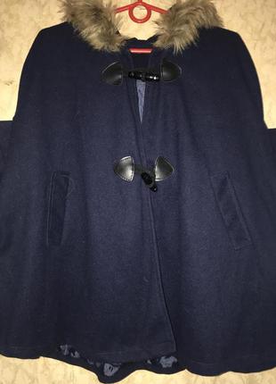 Укороченное тёмно-синее пальто кейп  с капюшоном,короткая мант...