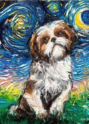 Алмазная вышивка "Милый песик" Ван Гог собака пес цветы абстра...