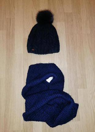 Комплект шапка и шарф хомут, зимний, вязанный, темно-синий