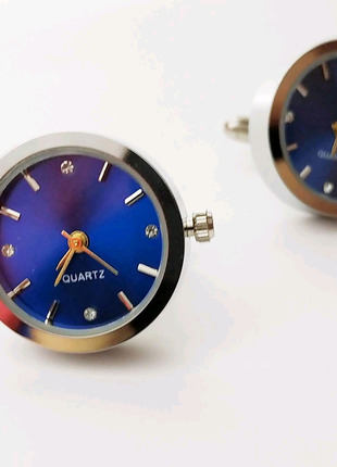 Запонки годинники робочі циферблат синій сріблястий