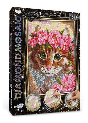 Набір алмазної вишивки "Кішка в квітах" кішка райдужна повна в...