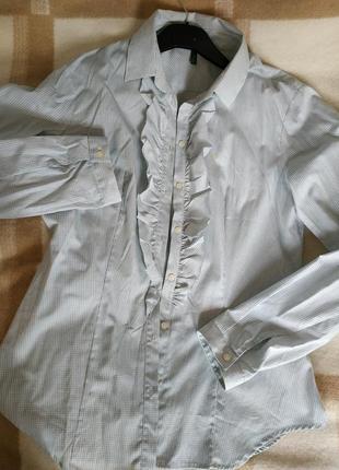 Рубашка - блузкa с рюшем👚🧥👚 benetton серо-голубая в мелкую кле...