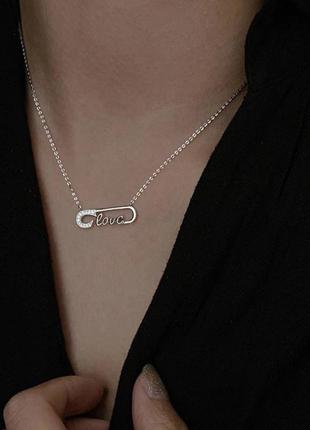 Ожерелье   love  булавка серебро 925/ инкрустация цирконами