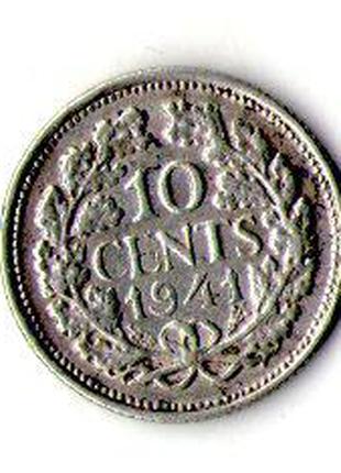 Нидерланды 10 центов, 1941 год серебро Королева Вильгельмина №549