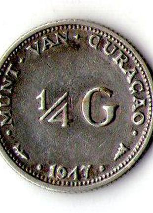 Кюрасао(Нидерландские) 1/4 гульдена 1947 серебро Королева Виль...