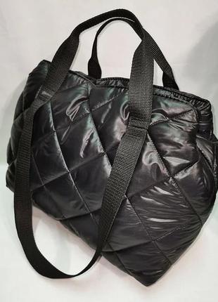 Черная сумка шопер, женская сумка дутик, стеганная на плечо/ду...