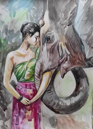 Картина акварелью девушка и слон, 40 на 60 см