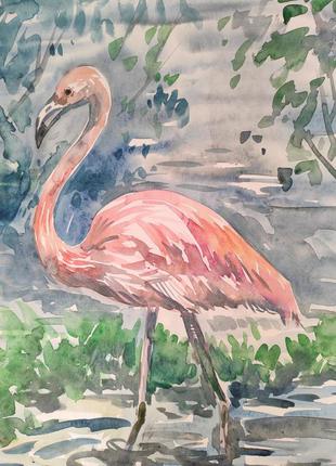 Картина акварелью фламинго