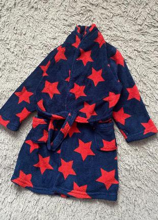 Детский тёплый плюшевый халат на мальчика синий 2-3-4 года с п...