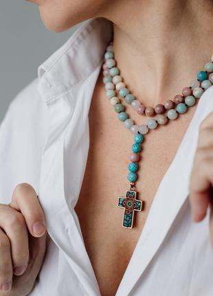 Ожерелье «вера и надежда» из амазонита, родонита и кварцем.