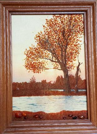 Картина с янтаря, бурштин, дерево, озеро, вода, интерьер, камни