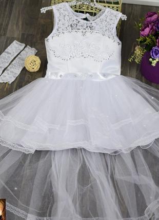 Нарядное платье для девочки белое с кружевом Шлейф на 5-9 лет