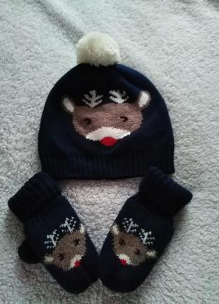 Детский комплект с оленёнком шапка+рукавицы от h&m
