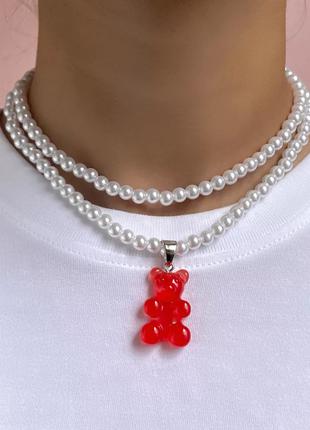 Ожерелье с мармеладным мишкой красным - длина 37см