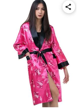Шикарный двусторонний атласный длинный халат кимоно с вышивкой