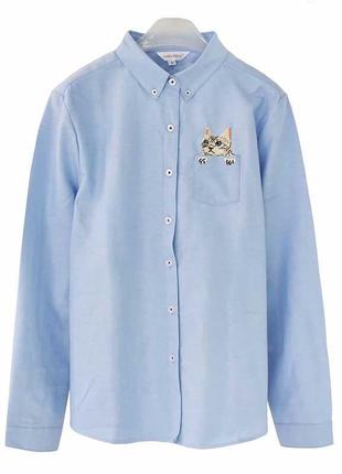Рубашка голубая с котиком выглядывающим из кармана m 44